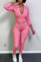 Pink Sexy Striped zipper Polyester Long Sleeve V Neck 