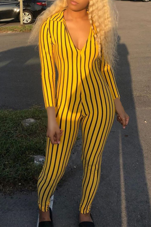 Yellow Sexy Striped zipper Polyester Long Sleeve V Neck 