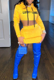 Yellow Casual Embroidered Split Joint Hooded Collar Long Sleeve Two Pieces