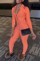 Orange Sexy Striped zipper Polyester Long Sleeve V Neck 