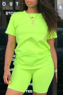 Fluorescent green knit Sexy Two Piece Suits Solid Patchwork Straight Short Sleeve