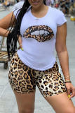 Red adult Street Fashion Two Piece Suits Print Lips Print Leopard Straight Short Sleeve
