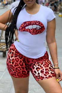 Red adult Street Fashion Two Piece Suits Print Lips Print Leopard Straight Short Sleeve