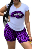 Fluorescent green adult Street Fashion Two Piece Suits Print Lips Print Leopard Straight Short Sleeve