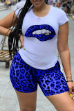 Yellow adult Street Fashion Two Piece Suits Print Lips Print Leopard Straight Short Sleeve