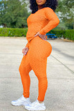 Orange Casual Solid O Neck Long Sleeve Two Pieces
