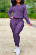 Purple Casual Solid O Neck Long Sleeve Two Pieces