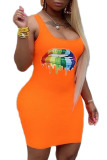 Orange Sexy Fashion Spaghetti Strap Sleeveless Slip Hip skirt Mini Fluorescent Print Solid Casua