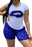 Peacock blue adult Street Fashion Two Piece Suits Print Lips Print Leopard Straight Short Sleeve