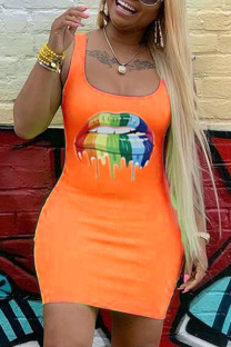 Orange Sexy Fashion Spaghetti Strap Sleeveless Slip Hip skirt Mini Fluorescent Print Solid Casua