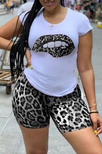 White adult Street Fashion Two Piece Suits Print Lips Print Leopard Straight Short Sleeve