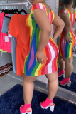 Multi-color Sexy Fashion Cap Sleeve Short Sleeves O neck Sheath Mini Rainbow Striped asymmetrical Cas