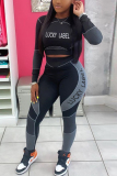 Black Casual Sportswear Long Sleeve O Neck Regular Sleeve Short Letter Print Two Pieces