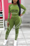 Green Casual Sportswear Long Sleeve O Neck Regular Sleeve Short Letter Print Two Pieces