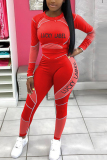 Rose Red Casual Sportswear Long Sleeve O Neck Regular Sleeve Short Letter Print Two Pieces