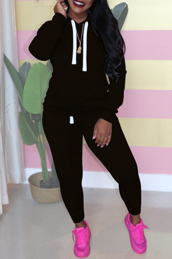 Black Casual Solid Hooded Collar Plus Size