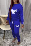 Royal Blue Sexy Print Patchwork O Neck Long Sleeve Two Pieces