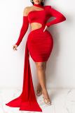 Red Sexy Solid Patchwork Half A Turtleneck Asymmetrical Dresses