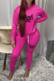 Pink Sexy Print Patchwork O Neck Long Sleeve Two Pieces