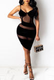 Black Fashion Sexy Patchwork See-through Spaghetti Strap Irregular Dress