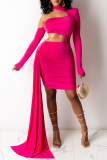 Rose Red Sexy Solid Patchwork Half A Turtleneck Asymmetrical Dresses