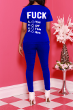 Blue Casual Print Letter O Neck Short Sleeve Two Pieces