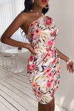White Sexy Print Split Joint One Shoulder Printed Dress Dresses