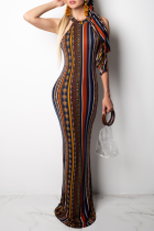 Multi-color Bohemian Off The Shoulder Sleeveless O neck Step Skirt Ankle-Length  Print Dresses