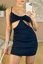 Black Sexy Solid Hollowed Out Spaghetti Strap Pencil Skirt Dresses