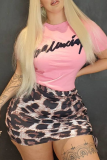 Pink Sexy Leopard Letter O Neck Pencil Skirt Plus Size Two Pieces