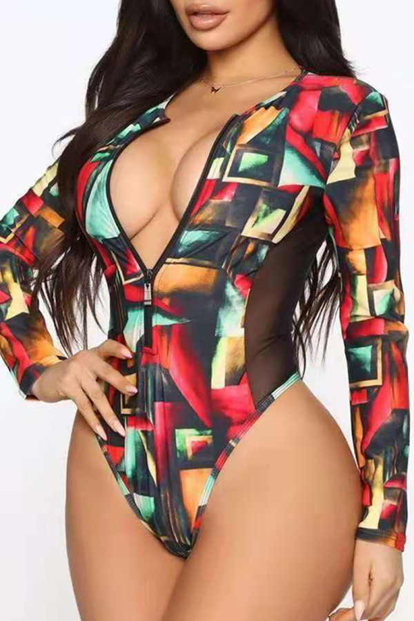 Red Sexy Print Patchwork Swimwears