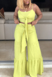 Yellow Fashion perspective crop top Solid Straight  Two-piece Pants Set