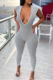 Grey Sexy Solid Split Joint V Neck Skinny Jumpsuits