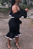 Black Sexy One Shoulder Long Sleeves one shoulder collar Bud Knee-Length  Club Dresses