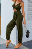 Army Green Fashion Sexy Solid With Belt V Neck Regular Jumpsuits