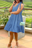 Blue Street Solid Bandage Square Collar Cake Skirt Dresses
