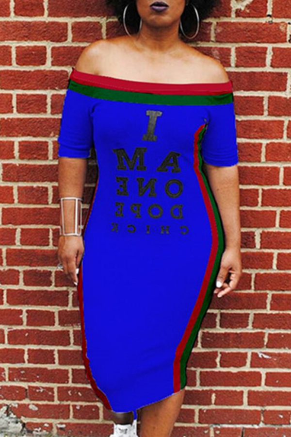 Blue Sexy Fashion Off The Shoulder Short Sleeves One word collar Step Skirt Mid-Calf Print Patchwork Pri