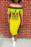 Yellow Sexy Fashion Off The Shoulder Short Sleeves One word collar Step Skirt Mid-Calf Print Patchwork Pri