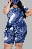 Deep Blue Fashion Casual Sportswear Living O Neck Short Sleeve Regular Sleeve Print Plus Size Set（With Mask）