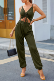 Army Green Fashion Sexy Solid With Belt V Neck Regular Jumpsuits