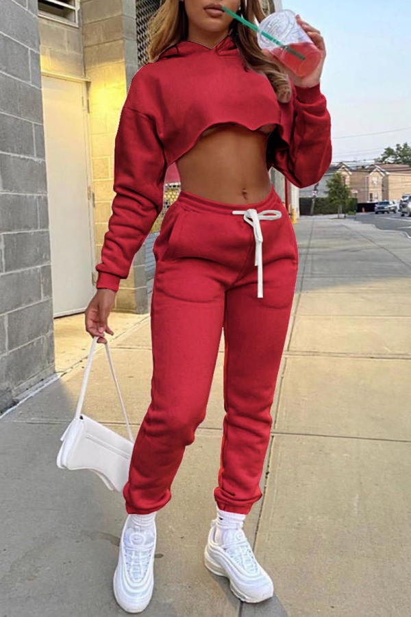 Burgundy Casual Solid Split Joint Hooded Collar Long Sleeve Regular Sleeve Short Two Pieces