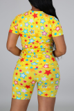 Yellow Fashion Casual Sportswear Living O Neck Short Sleeve Regular Sleeve Print Plus Size Set（With Mask）
