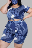 Blue Fashion Casual Sportswear Living O Neck Short Sleeve Regular Sleeve Print Plus Size Set（With Mask）