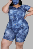 Deep Blue Fashion Casual Sportswear Living O Neck Short Sleeve Regular Sleeve Print Plus Size Set（With Mask）