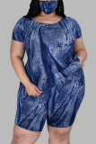 Blue Fashion Casual Sportswear Living O Neck Short Sleeve Regular Sleeve Print Plus Size Set（With Mask）