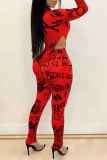 Red Sexy Print Pullovers Half A Turtleneck Long Sleeve Two Pieces