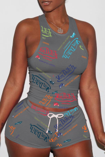 Grey Sexy Print Patchwork U Neck Sleeveless Two Pieces