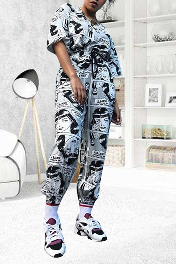 White Casual Print Split Joint O Neck Half Sleeve Two Pieces