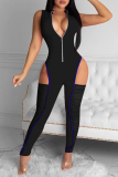 Rose Red Sexy Solid Split Joint Turndown Collar Skinny Jumpsuits