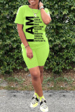 Fluorescent Green Casual Print Split Joint O Neck Short Sleeve Two Pieces